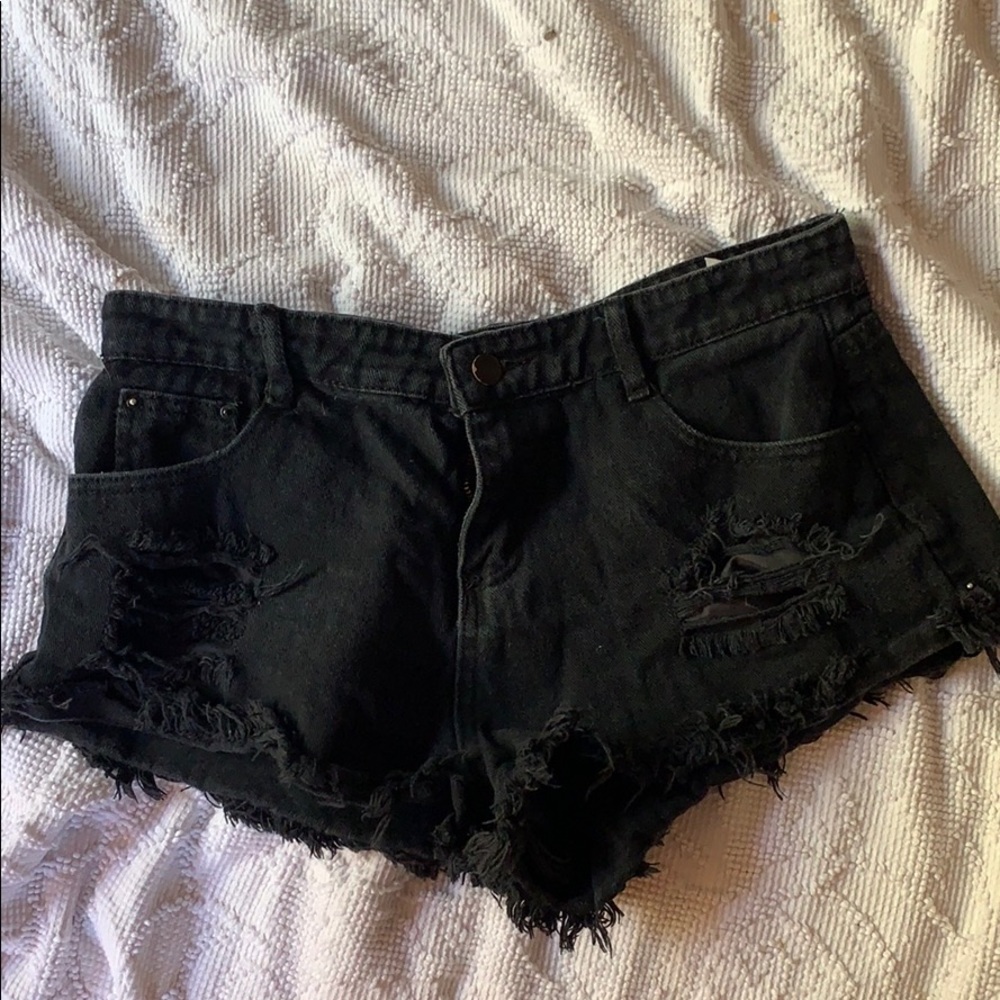 Distressed black denim shorts